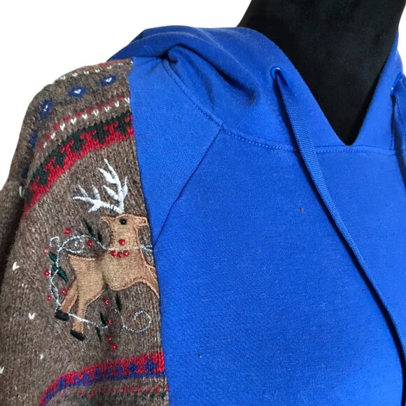 Upcycled Hoodie, Reindeer Sweater Sleeves, L-XL: Christmas Sweatshirt Jacket - Picture 7 of 12